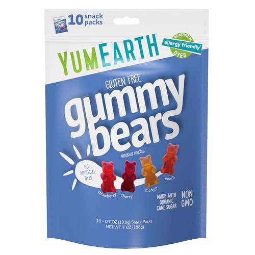 YumEarth Organic Fruit Flavored Gummy Bears, 10- .7oz. Snack Packs, Allergy Friendly, Gluten Free, Non-GMO, No Artificial Flavors or Dyes