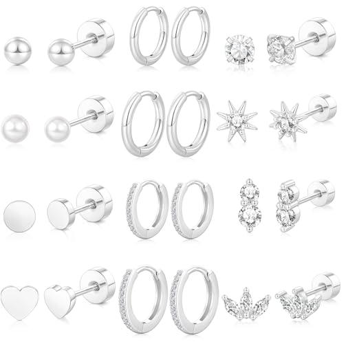 Hypoallergenic Flat Back Earrings for Women: 14K Gold Plated Surgical Stainless Steel Screw Flatback Stud Earrings Sterling Silver Small Huggie Hoop Earrings for Cartilage Earring Sets for Multiple Piercing