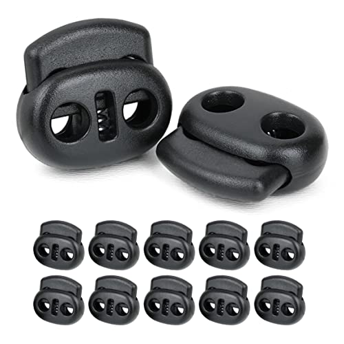Ganzoo Kordelstopper 2-Loch 4mm, 10 Stück, Federverschluss, Tanka, Kordelklemme für Seile, Schnürsenkel, Kordeln, Schnur, Rucksack, Gummikordel, Schnellverschluss, Seilstopper, Kunststoff, schwarz