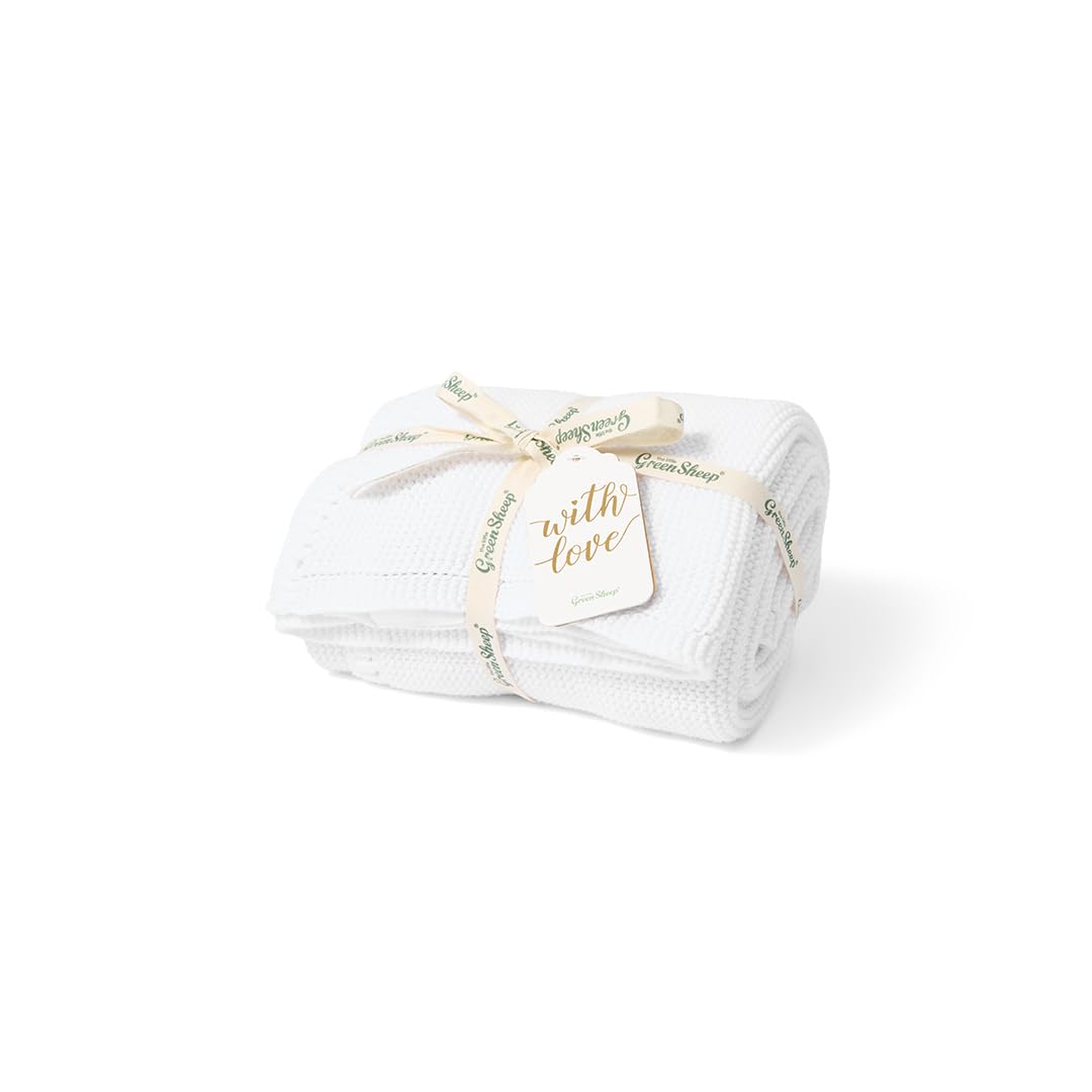 The Little Green Sheep Organic Knitted Cellular Baby Blanket, Lightweight & Breathable 75x75cm Blanket, White