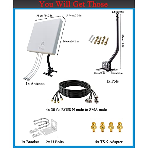 Wifi 5G 4G Lte Mimo 4X4 Panel External Antennas Kit For 4G Lte/5G Hotspots & Routers Support All Us & Canadian Carriers T-Mobile, Verizon, At&T N71 With Cable/Sma/ Ts9/ Mount Pole(Full Kit) #TOP2