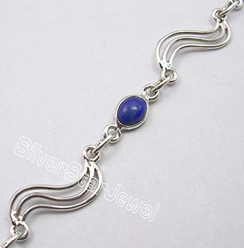 Image of Sterling Silver Navy Blue 5 x 7 mm Lapis Lazuli Link Bracelet 8.3 inch