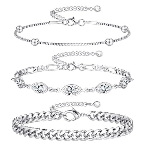FIOROYAL Silver Bracelets for Womens 925 Sterling Silver Bracelet Ladies Silver Bracelet Set, Adjustable Layered Dainty Link Chain Bracelets Gold Bangle Wrist Jewellery Gifts for Women BSilver