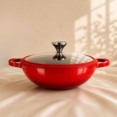 Image of Vinod Freya Cast Iron Deep Kadai with Glass Lid, 26 cm 3.2 L | TREON Technology Enamel Kadhai for Frying, Sabzi & Cooking | No Seasoning Required | 100% Pure & Toxin-Free | Induction & Gas Compatible