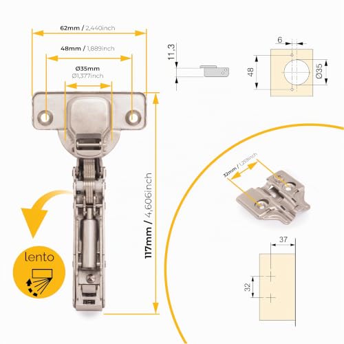 Miniatura 4 de Emuca - Pack De 20 Bisagras Rectas X91. Ø35mm. Apertura 105 Cierre Suave Para Puerta Solapada Y Suplementos Para Atornillar Con Regulación Excéntrica