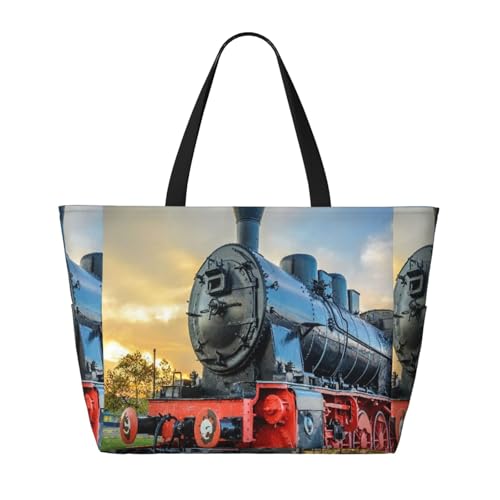 Steam Train Old Engine Train Beach Bag Women Tote Bag Pool Bag With Zipper For Gym Grocery Travel With Wet Pocket2
