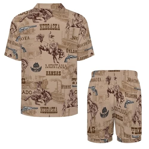 Image of Women Satin Pajamas Shorts Sets Wild West Rodeo Cowboys Silk PJs 2 Piece Outfits Shirt Lounge Pants Set, Medium