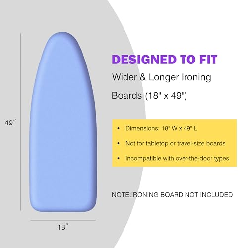 Image of Ironing Board Cover and Pad 18x49 Large, Extra Thick Natural Cotton, Silicone Coated, Scorch Resistant, Elastic Edge with Hook Loop Strap, Wide Iron Board Padding, Heatproof Blue