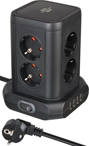 Brennenstuhl Steckdosenturm 8-Fach mit USB (Steckdosenblock 8-Fach mit 4X USB, Steckdosen in 45°-Anordnung, 2m Kabel) schwarz