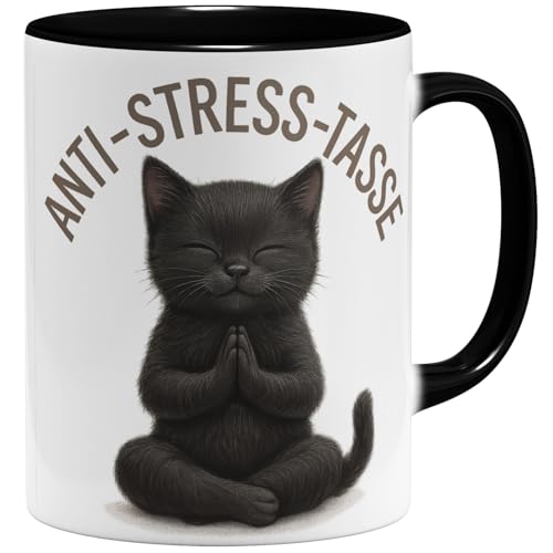 OM3® schwarzes Kätzchen Anti-Stress Kaffee-Tasse mit Spruch - lustige Keramiktasse Namaste-Motiv - Meditation Katze - Keramik Becher - 325ml - Beidseitig Bedruckt - Schwarz