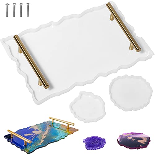 Resin Tray Molds, 3pcs Resin Coaster Molds Large Rectangle Epoxy Resin Mold Silicone Tray Coaster Molds Kit for Epoxy Resin Casting Decor Serving Board Cup Mats, Included 2 Handles and 4 Screws