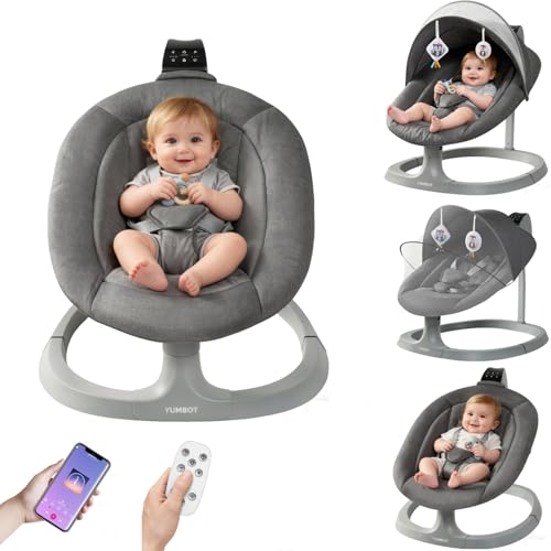 YUMBOT Babywippe Elektrisch,elektrische Babyschaukel mit 5 Schwinggeschwindigkeiten,Mobile App Steuerung und Fernbedienung,0 bis 12 kg,Tragbar Leicht Wippe Baby Elektronisch,Dunkelgrau
