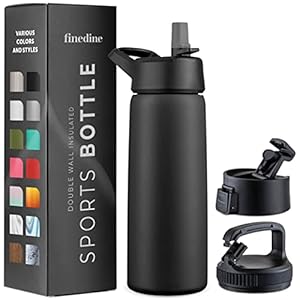 FineDine Triple Walled, Insulated Water Bottles with Straw – 25 Oz Stainless Steel Metal Bottle W/ 3 Leak Proof Lids – For Travel, School, Sports, Gym/Men, Women & Kids – Inky Raven Black