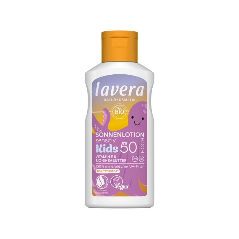 lavera Loción solar Sensitiv Kids SPF 50 – Crema solar para niños – sin filtro UV químico – para pieles sensibles – resistente al agua – vegano – cosmética natural – 100 ml