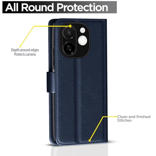 Image of Pikkme Flip Cover for Tecno Spark 30C 5G Leather Finish | Inside TPU with Card Pockets | Wallet Stand and Shock Proof | Complete Protection Button Flip Case(Blue)
