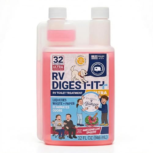 Unique RV Digest-It Ultra RV Toilet Treatment 32 Uses Grateful Glamper Watermelon Smash Exclusive Eliminates Odors Liquifies Waste Easy-Measure Liquid Preventive Holding Tank Treatment 32 Fl Oz