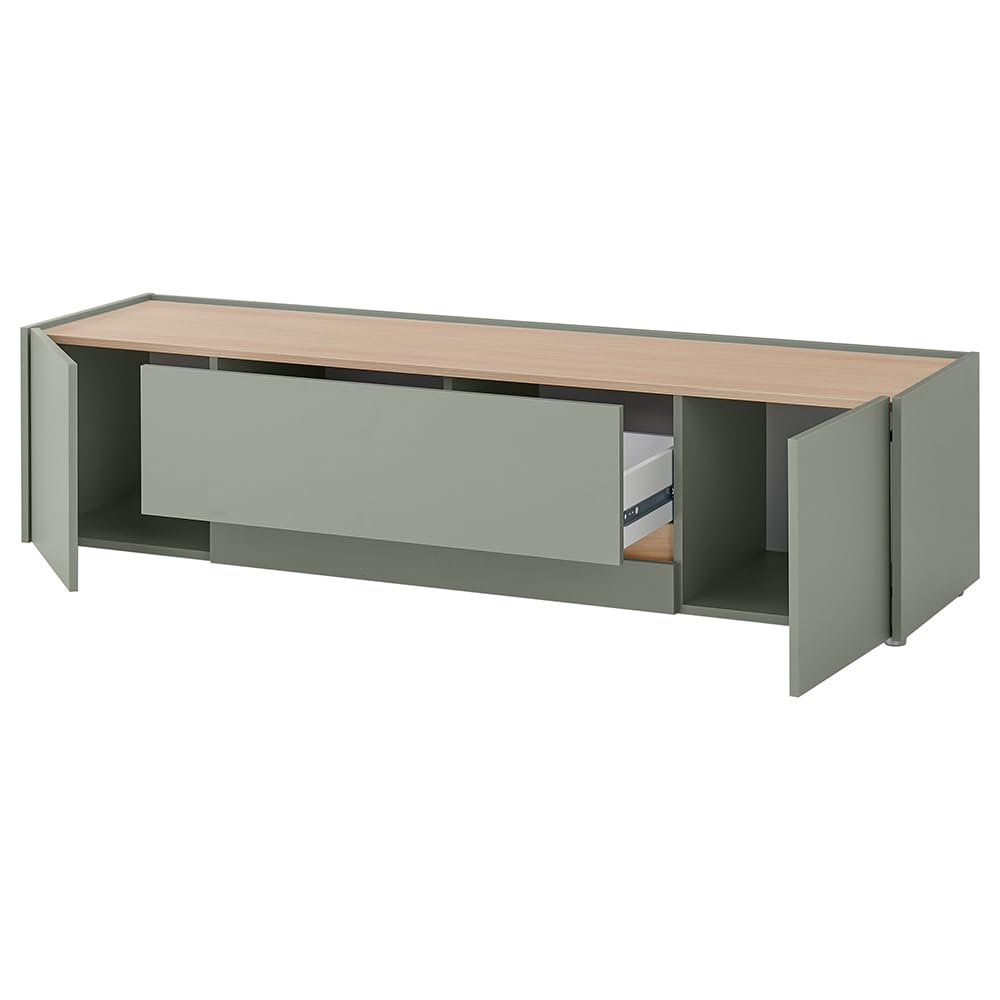 Lomadox Wohnzimmer Set in grün mit Eiche inkl. Beleuchtung, 6-teilig mit Sideboard, Couchtisch, Vitrinen, Regal