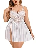 Avidlove Sexy Plus Size Lingerie for Women Lace Babydoll Chemise V Neck Sleepwear Mesh Nightwear Side Slit Nightie White
