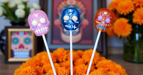 Halloween Sugar Skull Lollipops Candy, 24 Pack, Dia De Los Muertos, Strawberry, Orange, and Blue Raspberry Suckers