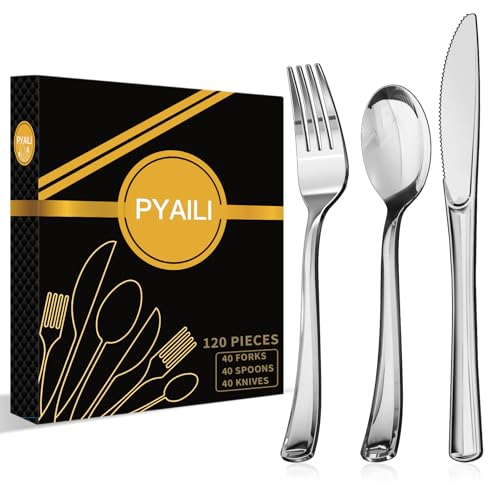 PYAILI 120 Juego de Cubiertos Reutilizables de Plástico Plateado: 40 Cuchillos, 40 Tenedores y 40 Cucharas para Bodas, Cumpleaños, Fiestas y Eventos