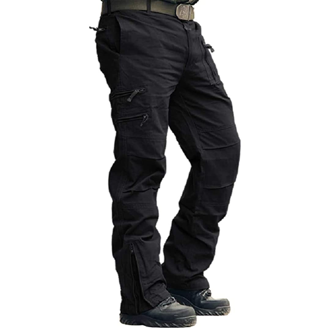 Pantalones cargo de los hombres Algodón Ripstop Multi-Bolsillo Trabajo Pantalones Estilo Militar Urban Straight Pantalones Negro 40