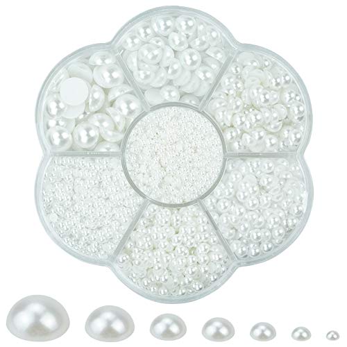 Flatback Pearls Mixed Size DIY Half Round Pearl Bead, AB Flat Plastic Pearls for Crafts, Glueable Caviar Beads for Nails, Small Pearl Beads with Plastic Box AB Mini White Pearls ï¼ˆApprox 5600Pcsï¼‰