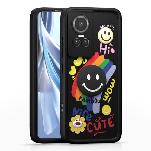 Image of Pikkme Back Cover for Oppo Reno 10 5G | Soft Silicone| Cute Rainbow Smile & 3D Cartoon Flower Design | Shockproof Raised Camera Protection Bumper Case (Black)