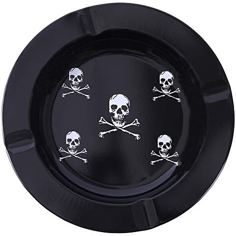 NeraNena Ashtray Outdoor Indoor Round Metal Ashtrays 5.1 Inch (Black Skull) Cover