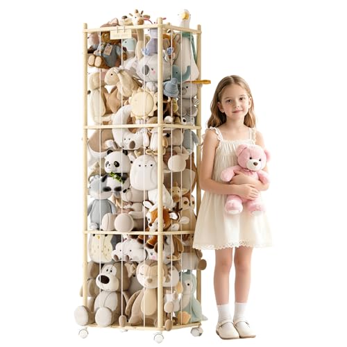 Image of Stuffed Animal Storage Zoo with Wheels,Montessori-Inspired Solid Pine Wood Plush Toy Organizer,Extra Tall Stuffed Animal Holder with Thick Elastic Cords for Nursery,Kids Room and Bedroom,Extra Large