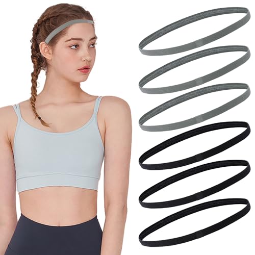 6 Piezas Diadema Deportiva Elástica Finas, Cinta Pelo Deporte Antideslizante Niño Hombre Mujer, Gris y Negro Diademas Finas Deporte para Fútbol Jogging Yoga