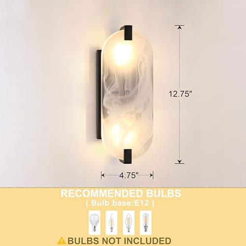 Image of 12.7 inch Art Frosted Oval Glass Bathroom Modern Wall Sconce Fixture for Bedroom Hallway Bedside 2 Pack 2 Light Black Wall Sconce