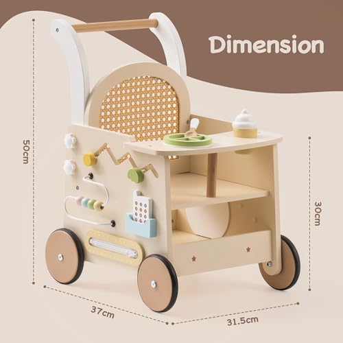 ROBOTIME Baby Walker, Wooden Pram Toy, Push Along Walker Pushchair, Educational Toy Gift for Boys Girls, Safe First Step Walker with Under-Seat Storage for Age 10 Months+ - Image 2
