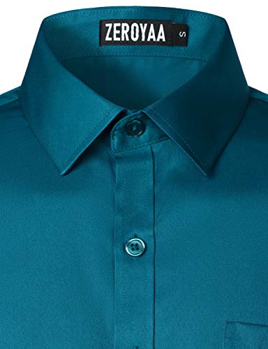 Zeroyaa Men's Urban Stylish Casual Business Slim Fit Long Sleeve Button Up Dress Shirt With Pocket Zlcl29 Teal X-Large #TOP4