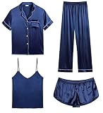 Picture of SWOMOG Womens Silk Satin Pajamas Sets 4pcs Sleepwear Sexy Cami Shorts Set and Button Down Short Sleeve Pjs Loungewear Navy Blue Medium