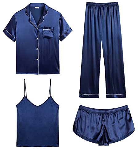SWOMOG Womens Silk Satin Pajamas Sets 4pcs Sleepwear Sexy Cami Shorts Set and Button Down Short Sleeve Pjs Loungewear