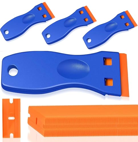 4Pcs Plastic Scraper with 50 Plastic Blades Plastic Scraper Non-Scratch Scraper Tool Kit Sticky Remover for Removing Lable Glue Decal in The Glass Window Floor Car