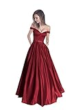 Harsuccting Off The Shoulder Beaded Satin Evening Prom Dress with Pocket Burgundy