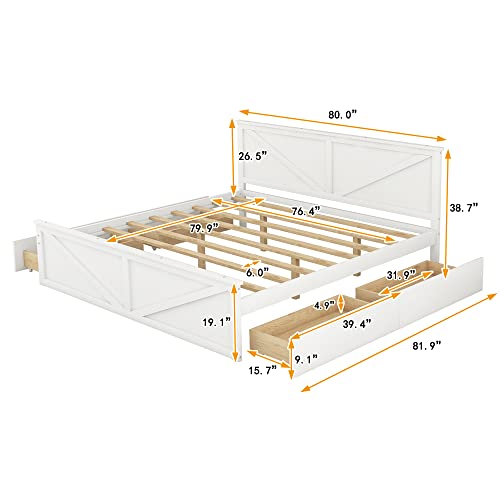 Lz Leisure Zone King Size Platform Bed, Wooden Platform Bed Frame With 4 Storage Drawers And Support Legs, No Box Spring Needed, White #TOP1