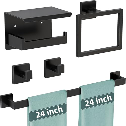 5-Pieces Matte Black Bathroom Hardware Accessories Set, 24 Inch Stainless