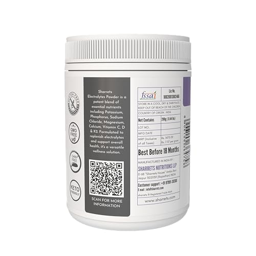 Image of Sharrets Electrolytes Powder 200g Unflavored - with Essential Minerals (K,P, Na,Cl, Mg,Ca) and Vitamins C, D, & K2 - For Intermittent Fasting, Keto, Energy, and Hydration.