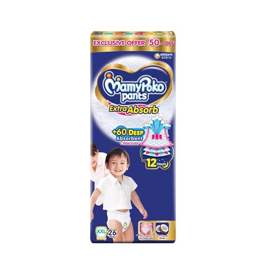Image of MamyPoko Pants Extra Absorb Baby Diapers, Extra Extra Large (XXL Size) | 15-25 kg | 26 Count |Deep Sleep Diapers| Soft Gentle fit |Deep Absorbent Crisscross | Skin Friendly with Coconut Oil |