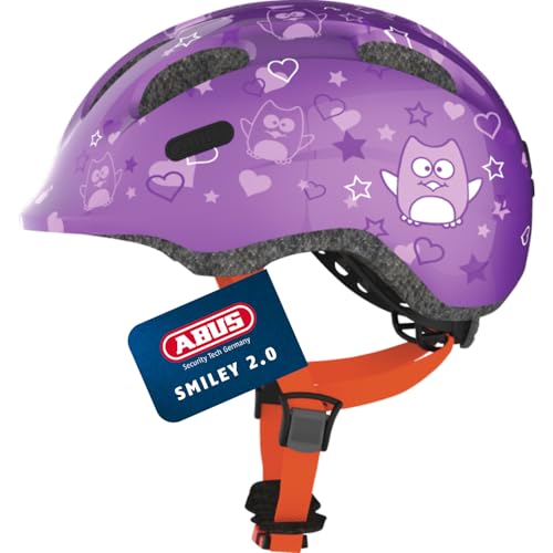 ABUS Kinderhelm Smiley 2.0 - Robuster Fahrradhelm für Mädchen und Jungs - Lila mit Eulenmuster, Größe S