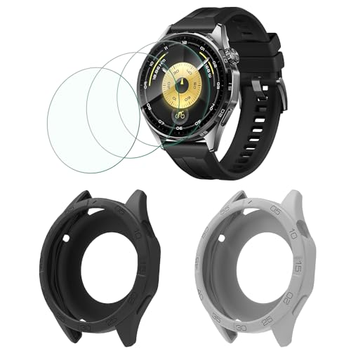 GKFJBD Screen Protector & Case Compatible for HUAWEI Watch GT 6 46mm & GT 5 46mm ，HD Tempered Glass Protective Film and Silicone Soft Cases Not for GT 6 Pro & GT6 41mm (Pack of 3+2)