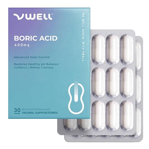 VWELL Boric Acid Vaginal Suppositories - Homeopathic Solution Maintains and Balances Healthy Vaginal pH & Microbiome Intimacy - Doctors Recommended (One Size 30 Count)
