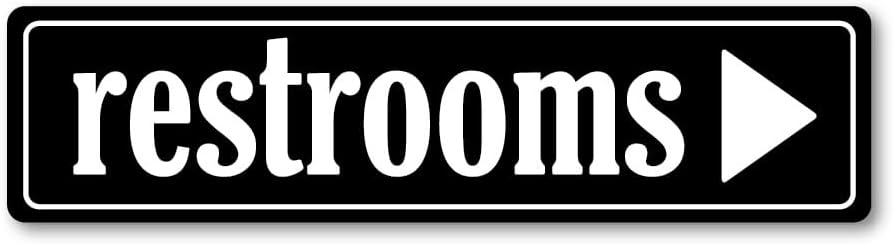 GRX1252 Aluminum Sign LARGE 24 in x 6 in: RESTROOMS. Arrow RIGHT (black/white) Style 4