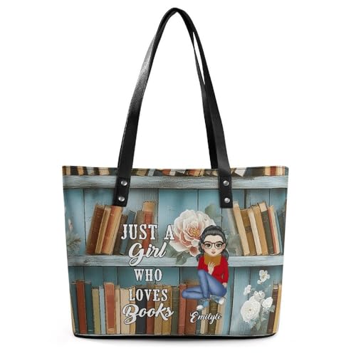 MYZQIFF Personalized Just a Girl Who Loves Books Leather Bag, Customized Name Reading Book Tote Bag Gifts for Book Lover Women Reader, Reading Accessories, Librarian, Bookish,Teacher Present