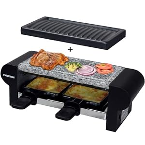 Syntrox Raclette-Grill Set Glarus mit Wechselplatten, Kontaktgrill, Elektrogrill, Antihaftbeschichtung, 350 Watt, für 2 Personen, Edelstahl, Gesellige Runden, Romantischer Raclette Abend