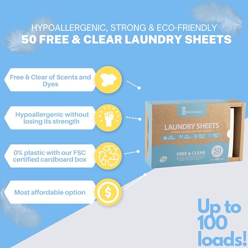 Free And Clear Hypoallergenic Laundry Detergent Sheets, Up To 100 Loads, Powerful Stain And Odor Removal, Skin Friendly, Biodegradable and Sustainable Laundry Sheets, HE Compatible