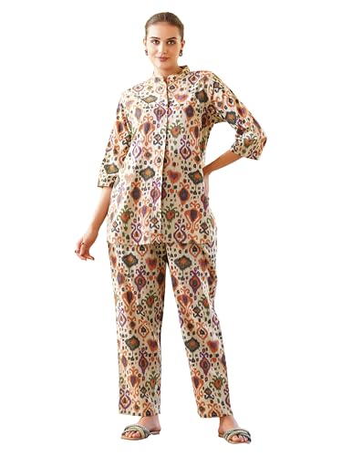 Image of Cotton Relaxed Fit Shirt & Trouser Co-Ord Set for Women |Front Openable Button and 3 /4 Sleeve Shirt |Two Pockets and Elasticated Waist Trouser | Casual Wear and Everyday Wear