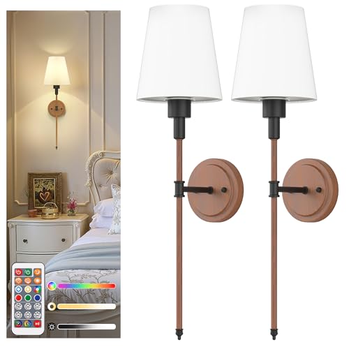 Image of DORESshop Battery Operated Wall Sconce Set of 2, Wireless Wall Light Easy to Install, 7 Color Rechargeable Wall Sconces, Sconce Wall Decor Set of 2 for Bedroom, Living Room, Black and Wood, 24.6in